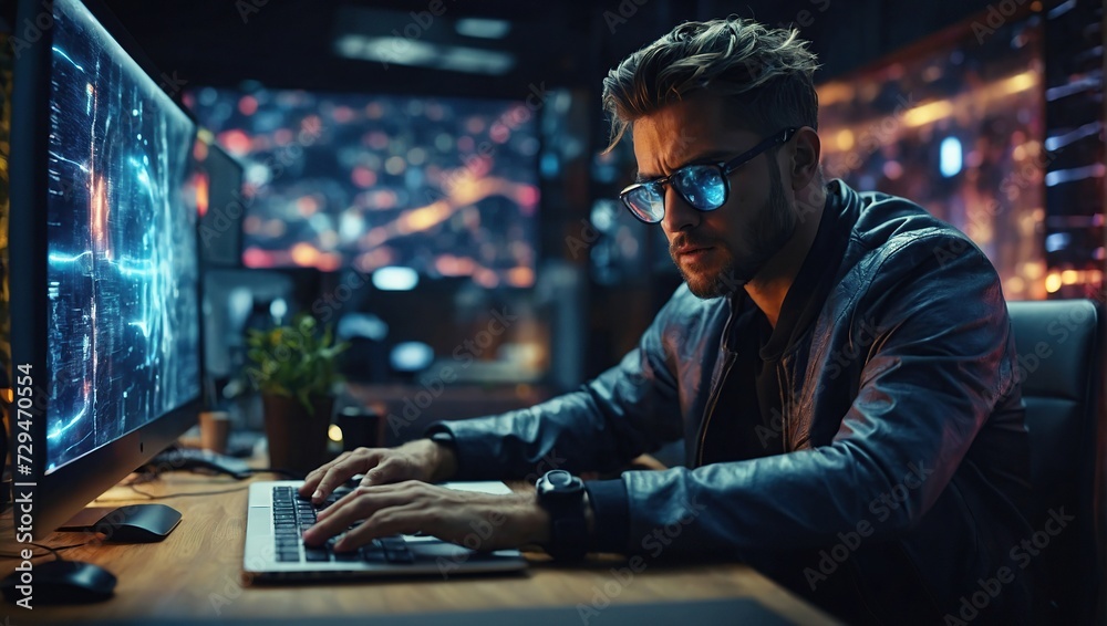Man using modern computer surfing internet futuristic innovative technology background