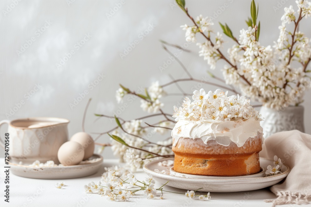 Easter Cakes and Buns Cupcakes Chocolate Cheesecake | Food Photography | Spring Theme Linen Table | Farmhouse Table Meal Lunch Party Display | Branches Leaves Floral Flowers | Rustic Cottagecore
