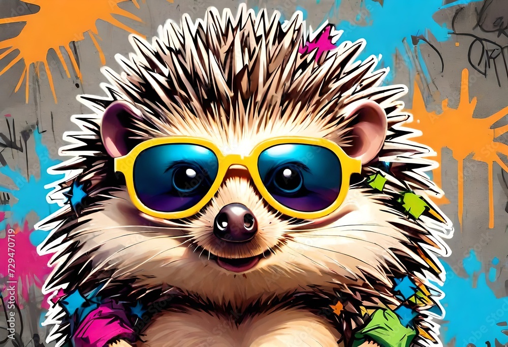 Funny colorful hedgehog with sunglasses, graffiti artwork style