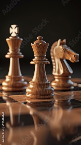Intricately carved wooden chess pieces stand on a reflective chessboard, exuding an air of quiet intellect and luxury, perfect for use in editorials on strategy or luxury gaming.