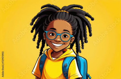 Happy african american schoolgirl with backpack pointing up on yellow background