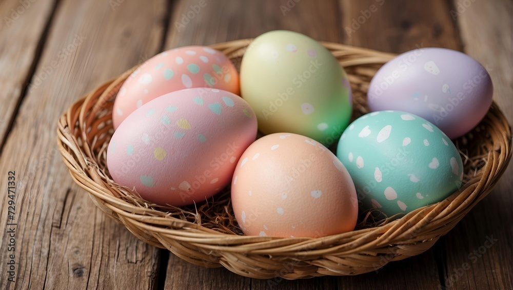 Pastel color easter eggs in a basket