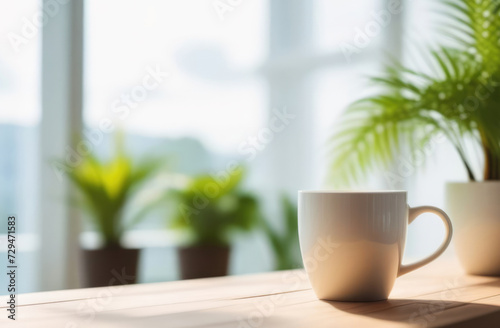 Coffee cup on wooden table and green plant in the background