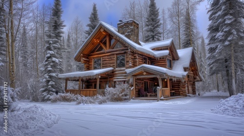 Rustic finish-style log house. Pines in snow. © DreamPointArt