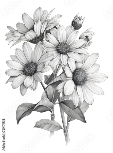 Hand-drawn pencil sketches of daisies on white capture