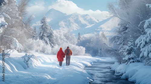 Cozy embrace of winter as a cheerful couple, bundled in warm attire, explores a snow-covered landscape. 