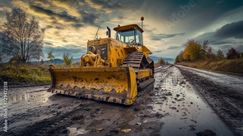 A yellow bulldozer stands steadily on the side of the road.