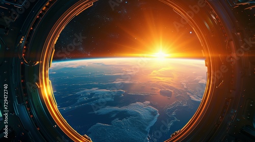 spaceship round window with sunrise over planet view, space station porthole illuminator with planetary sunset view, astronomy background photo