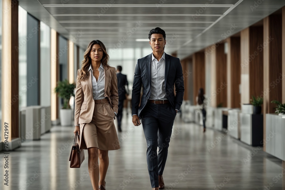 Walking in a modern hallway of a spacious office, a young, modern businessman and businesswoman radiate confidence and harmony. Walking in a modern hallway of a spacious office, a young, modern businessman and businesswoman radiate confidence and harmony.