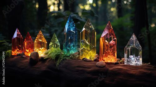 Magical iridescent gemstone crystals in dark mystery forest, sparkling glow