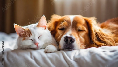 Cute dog and cat sleeping together on bed. Friendship between pet.