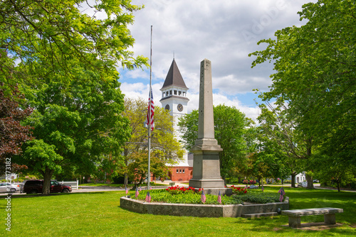Hollis memorial monument and town hall at 7 Monument Square in the historic town center of Hollis, New Hamshire NH, USA.  photo