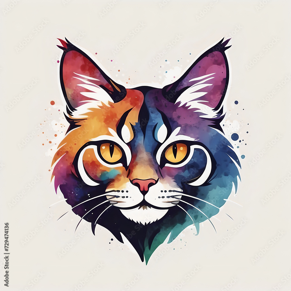 Brightly watercolour painted Cat head logo Isolated on a white background  