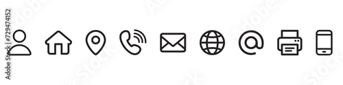 Business card icon set in line style. Contact information, Home, Phone, Location, Address, Website, mail, fax, user simple black style symbol sign for apps and website, vector illustration.