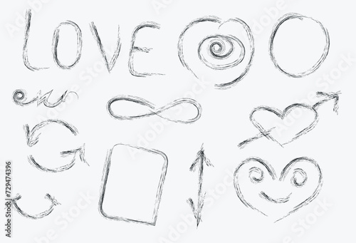 Vintage hand drawn drawing. Vector concept design. Sketch line arrow element, star, heart shape. Hand drawn doodle style. Isolated white background. Vector isolated set.