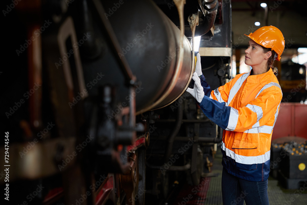 engineer or technician using light stick and checking construction train at station engineer or technician using light stick and checking construction train at station