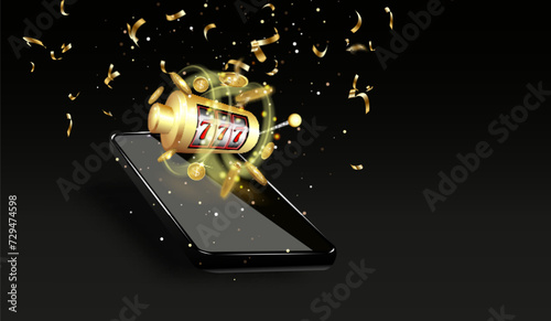 Slot machine in smartphone on black background. Online casino on mobile. Internet gambling concept. Design poster to ad 3D realistic vector.