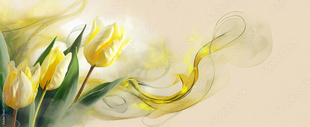 Tapeta w kwiaty, żółte tulipany na jasnym tle, miejsce na tekst - obrazy, fototapety, plakaty 
