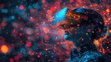 VR glasses. A woman in a futuristic LED-lit VR headset is bathed in the glow of vibrant neon bokeh lights, suggesting an advanced virtual experience. Generative AI
