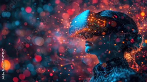 VR glasses. A woman in a futuristic LED-lit VR headset is bathed in the glow of vibrant neon bokeh lights, suggesting an advanced virtual experience. Generative AI photo