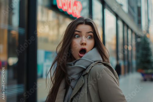 Young woman in the city, happy and amazed and astonished because she found great discounts and sales at her favorite clothing store or fashion mall.
