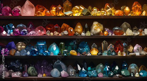 a shelf is lined with many colorful gems in