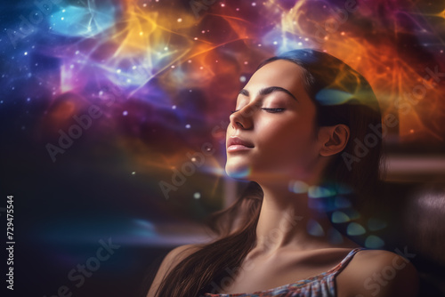 Chakra Balancing and Guided Meditation for higher Self Connection. Energy heling , Spiritual Alignment concept. photo