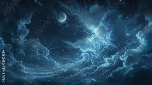 Stormy night sky with lightning, stars, and moon