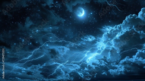 Stormy night sky with lightning, stars, and moon