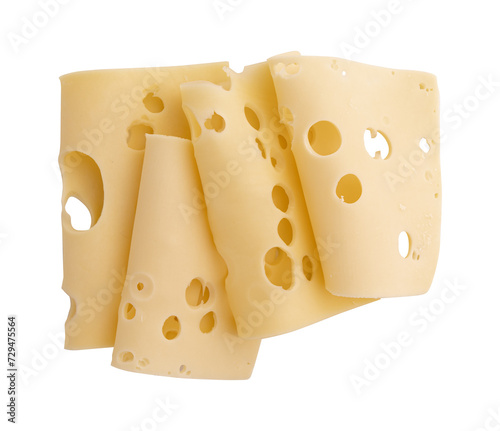 maasdam cheese slices with holes closeup, swiss cheese isolated on white background