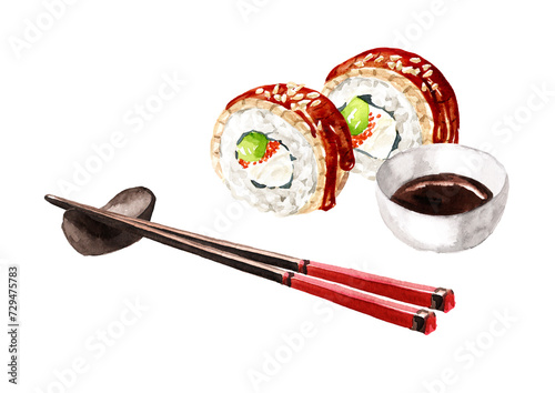 Sushi Eel Rolls with soy sauce. Hand drawn watercolor illustration, isolated on white background