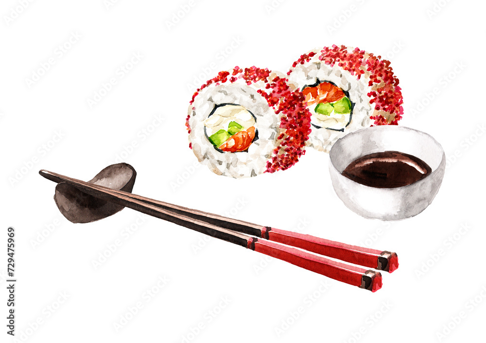 Sushi Rolls with red caviar tobico and soy sauce. Hand drawn watercolor illustration, isolated on white background Sushi Rolls with red caviar tobico and soy sauce. Hand drawn watercolor illustration, isolated on white background