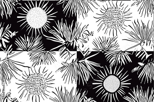 pattern with 4 quarters, in two opposite quarters there is a minimlistic palmtree, in the other two there is a sun, organic hand drawn , black and white