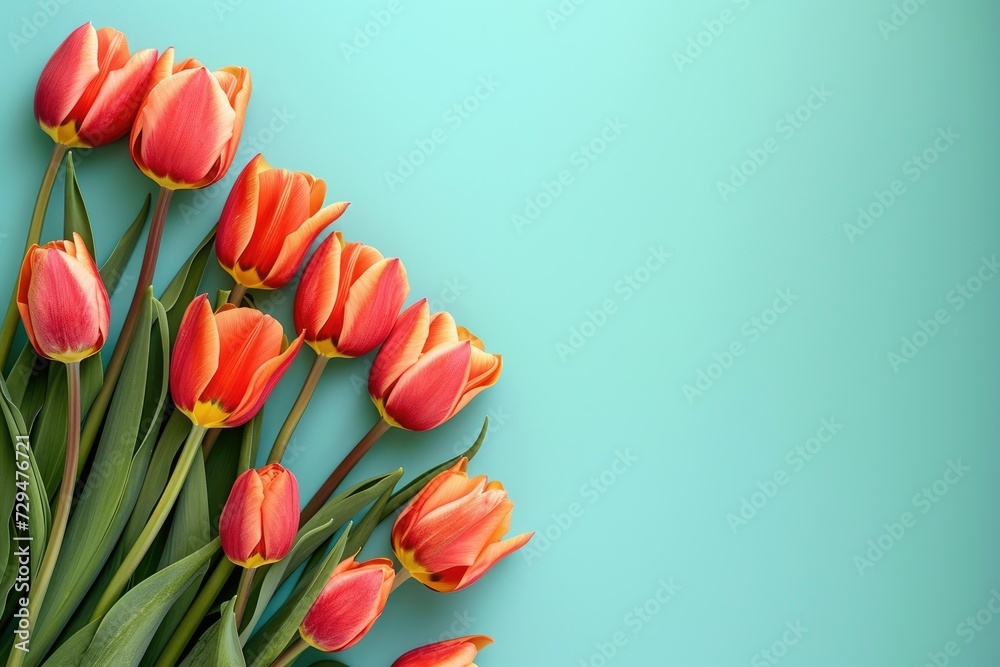 Beautiful Tulips on Turquoise background, wedding background, women day background, mother day background