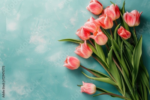 Beautiful Tulips on Turquoise background, wedding background, women day background, mother day background