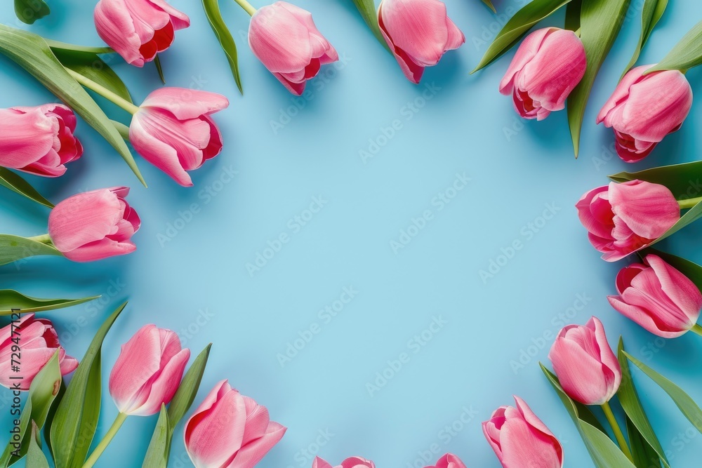 Frame of pink tulips on blue background, wedding background, women day background, mother day background Frame of pink tulips on blue background, wedding background, women day background, mother day background