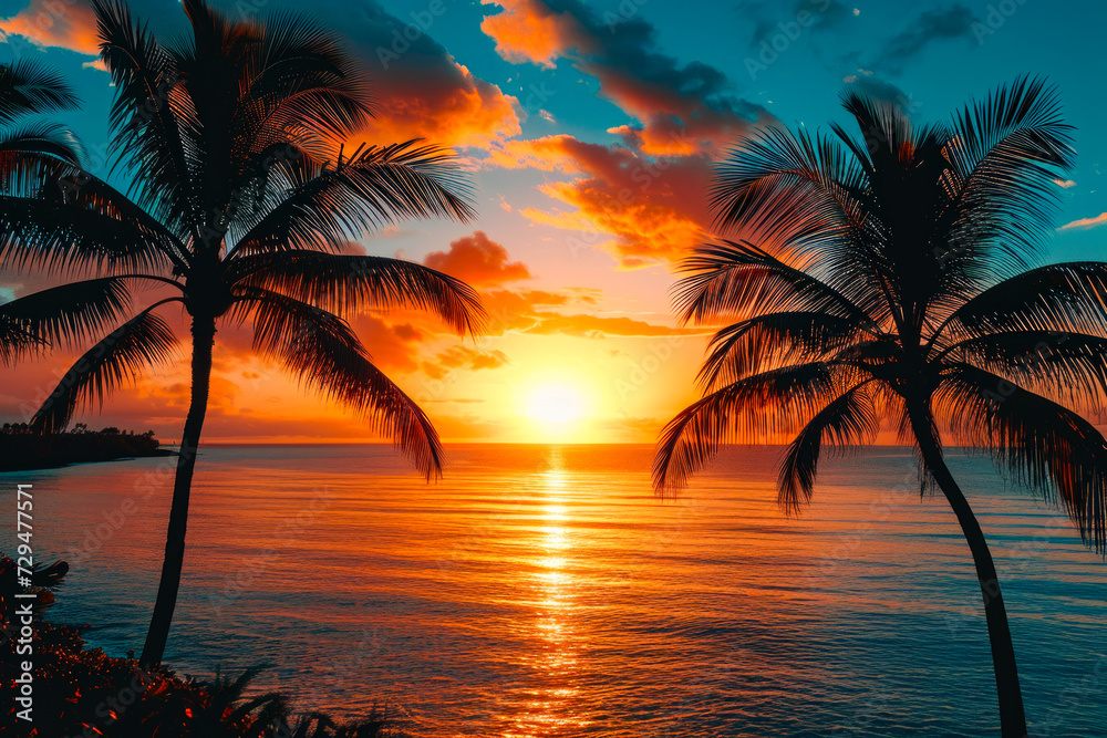 Beautiful sunset over body of water with palm trees in the foreground.
