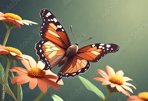 only one big Low poly brown butterfly on a flower stem illustration