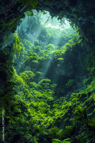 View of lush green forest with sunlight shining through the trees.