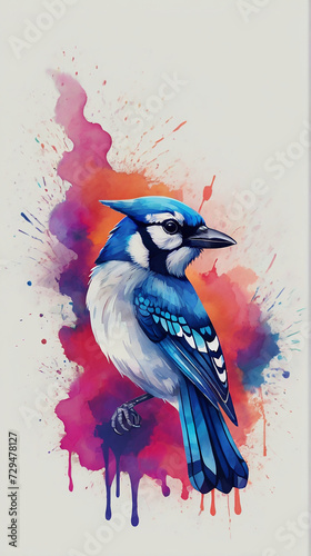 Minimalist Neon Line Blue Jay Logo with Geometric Design, Vibrant Smoke Effects White Background with t-shirt design ai art