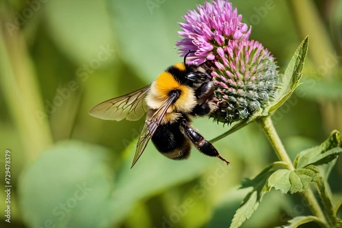 Fat bumblebee zipping past green leaves headed for coneflowers its wings a fast blur as it moves © RodriguezGarcia