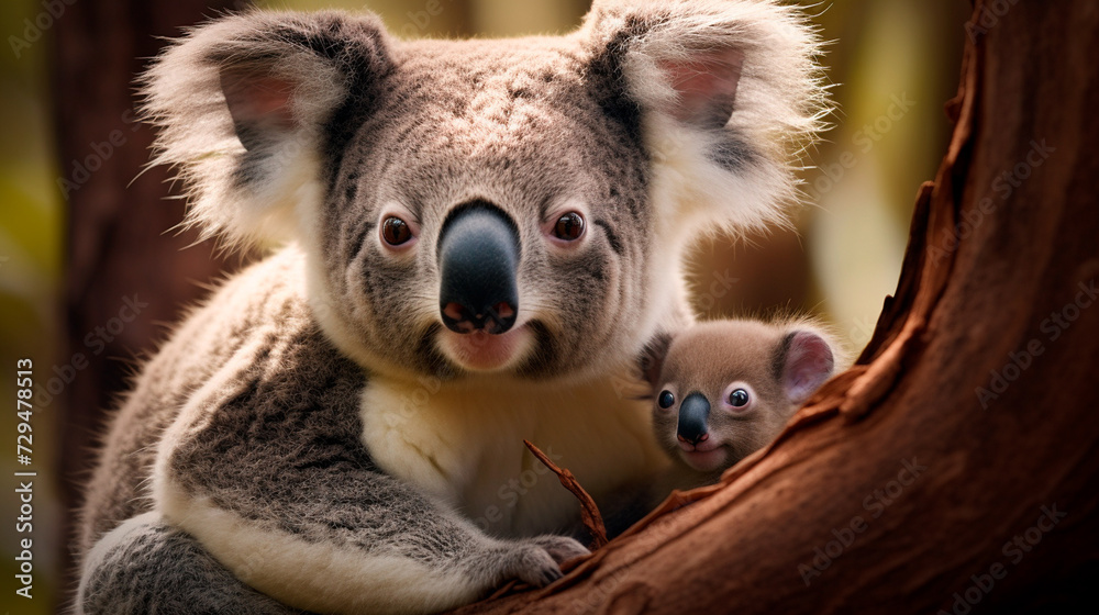 a koala holding a baby koala on a branch a koala holding a baby koala on a branch