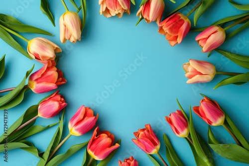 Flowers composition. Frame made of tulips on blue background  wedding background  women day background  mother day background