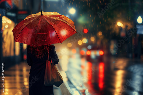 woman with a red umbrella in the rain on an evening city street, rear view