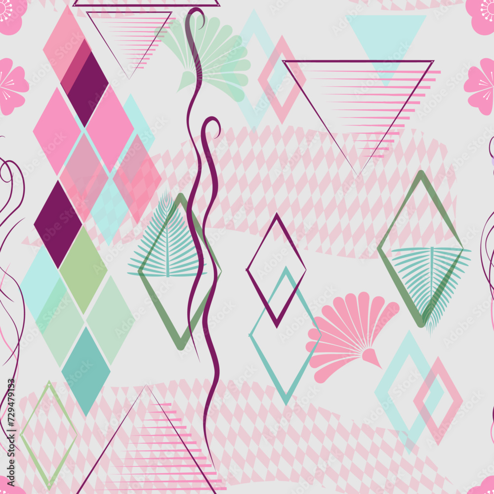 Seamless pattern with flowers and geometric elements. Vector illustration. Seamless pattern with flowers and geometric elements. Vector illustration.