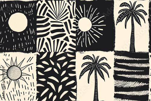 Pattern with 4 quarters, in two opposite quarters there is a minimalistic palm tree, in the other two there is a sun, organic hand drawn , black and white