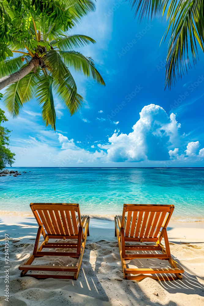 Two chairs are sitting on beach with view of the ocean and clouds in the sky.