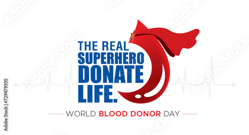 Vector illustration of World Blood Donor Day poster banner design. Blood donation awareness logo poster design with typography text and donor as superhero concept.