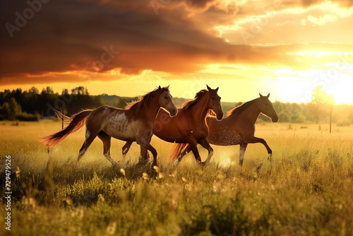 a group of graceful horses galloping across a field at sunset