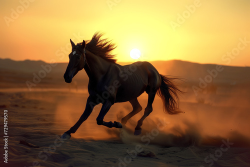 graceful black horse gallops across the sand at sunset © kazakova0684